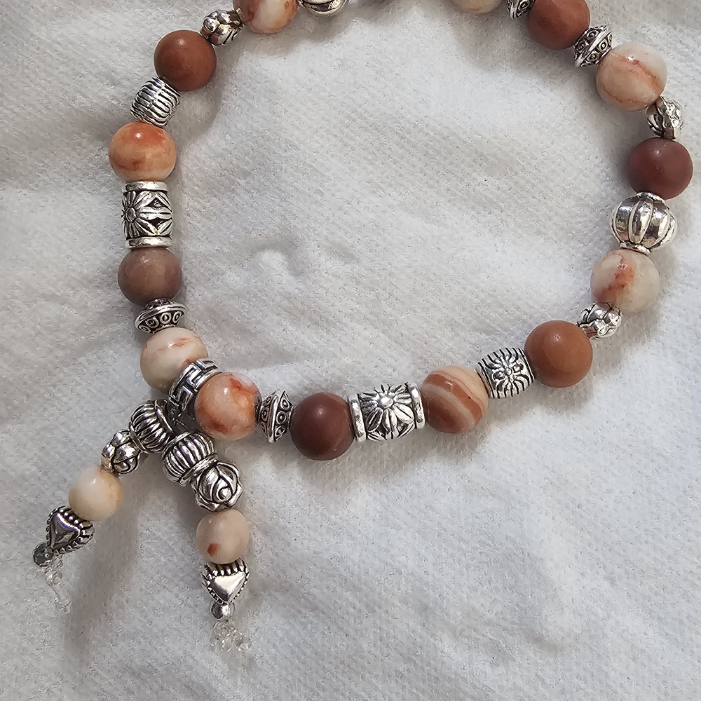 Elegant Silver And Red Picasso Jasper Beaded Bracelet